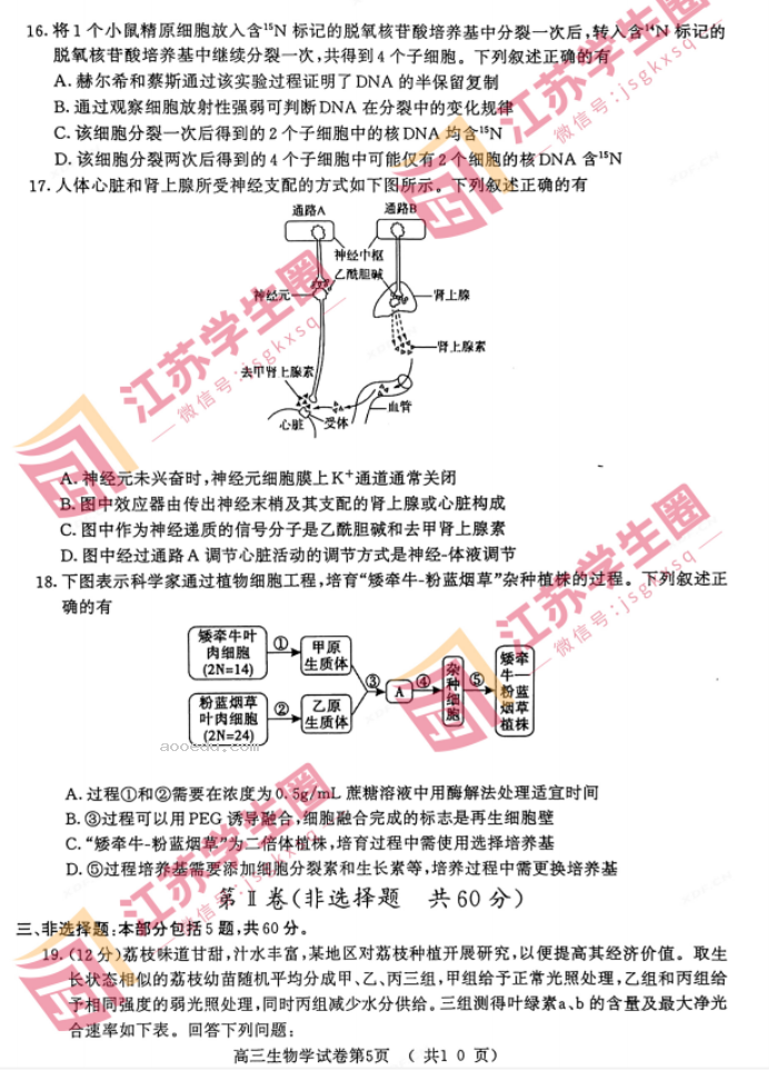 2024江苏南京高三零模考试生物试题及答案解析