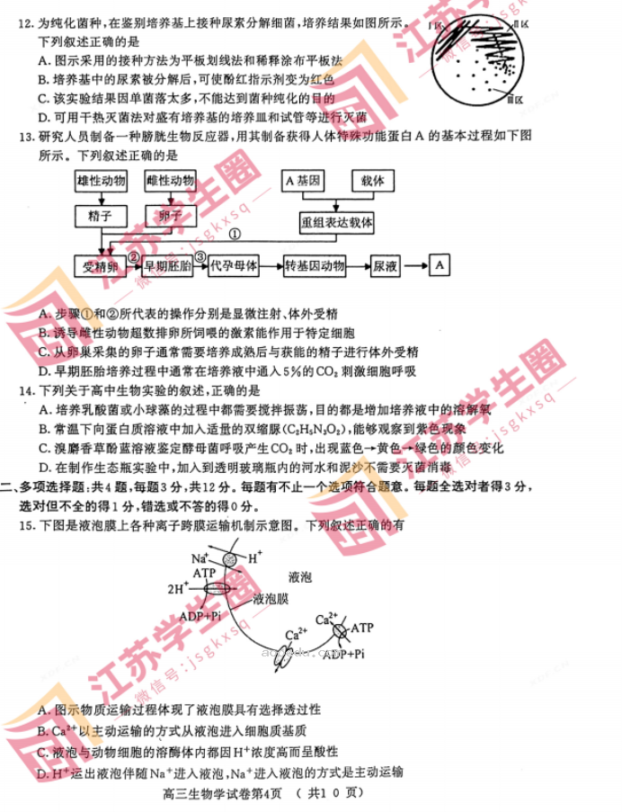 2024江苏南京高三零模考试生物试题及答案解析