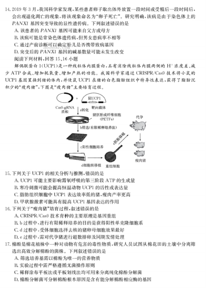 2023浙江强基联盟高三9月联考生物试题及答案解析