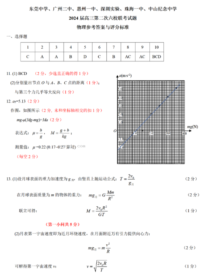 广东六校2024高三第二次联考物理试题及答案解析