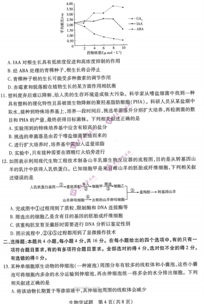 安徽皖豫名校联盟2024高三10月联考生物试题及答案解析