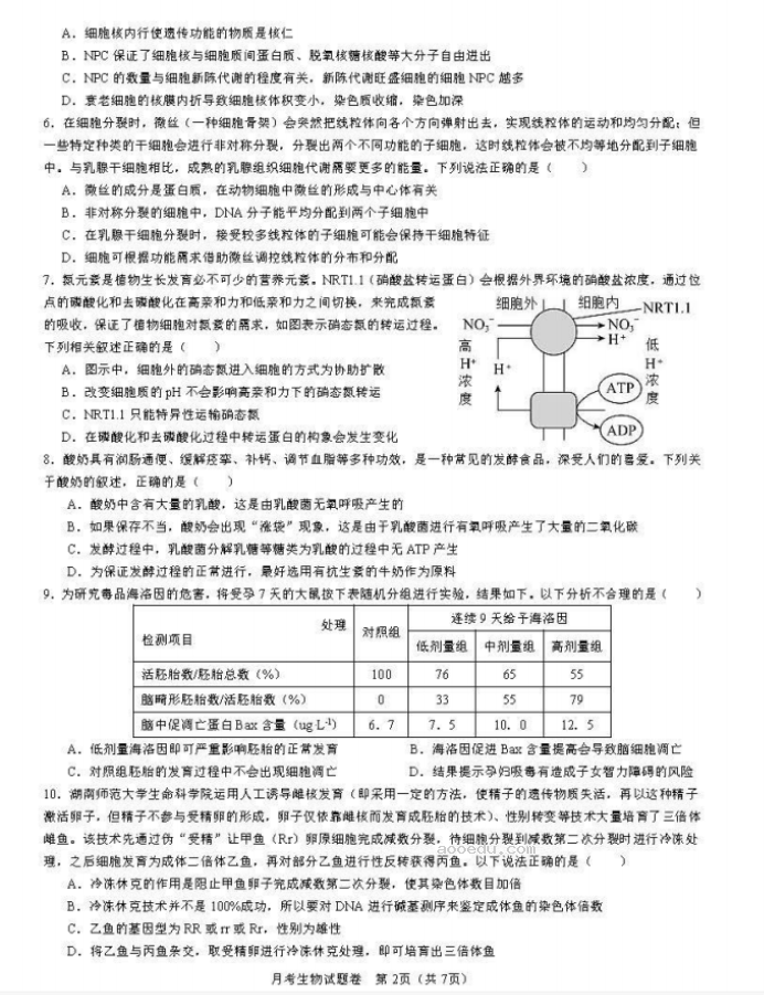 湖南省衡阳八中2024高三10月月考生物试题及答案解析