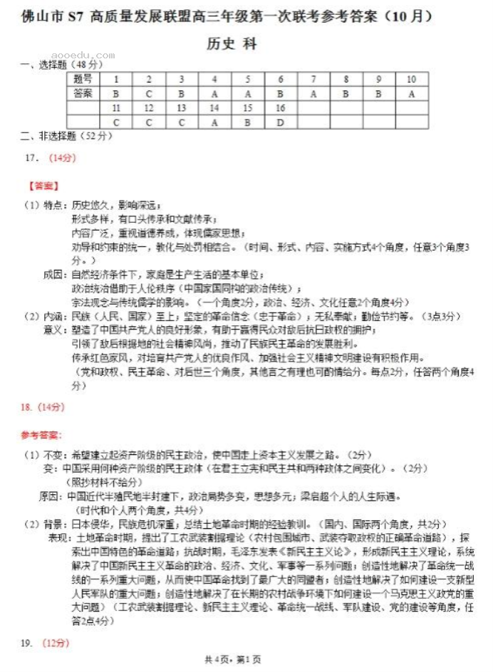 佛山S7高质量发展联盟2024高三联考历史试题及答案