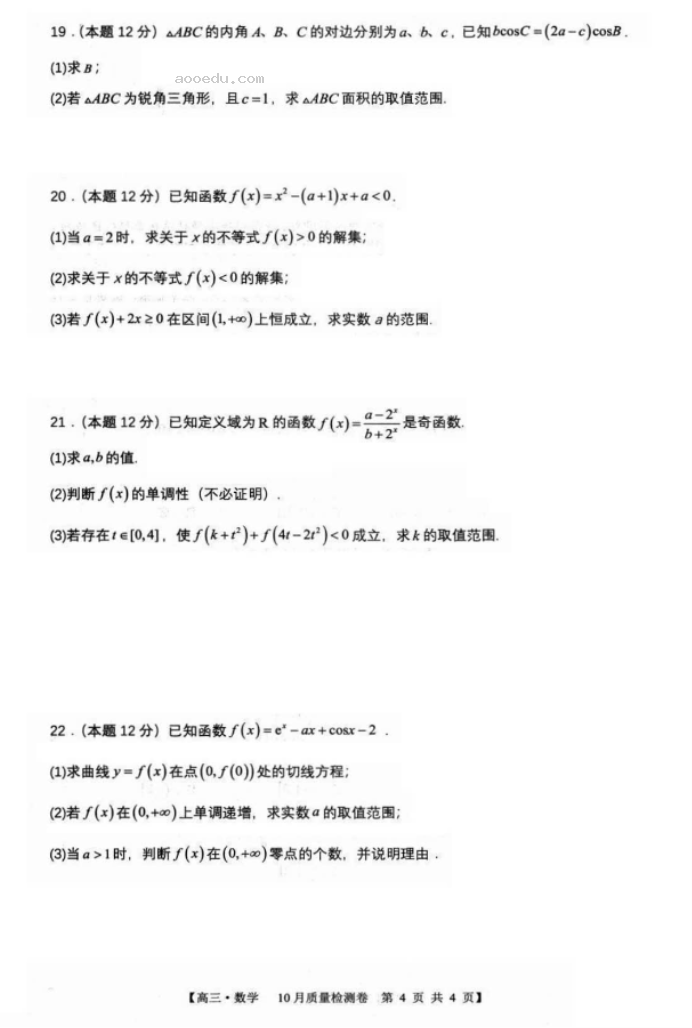 安徽徽师联盟2024届高三10月质量检测数学试题及答案