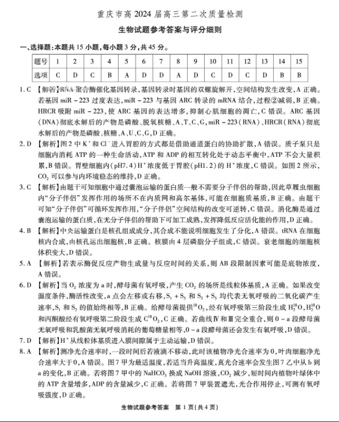 重庆南开中学2024高三第二次质量检测生物试题及答案解析