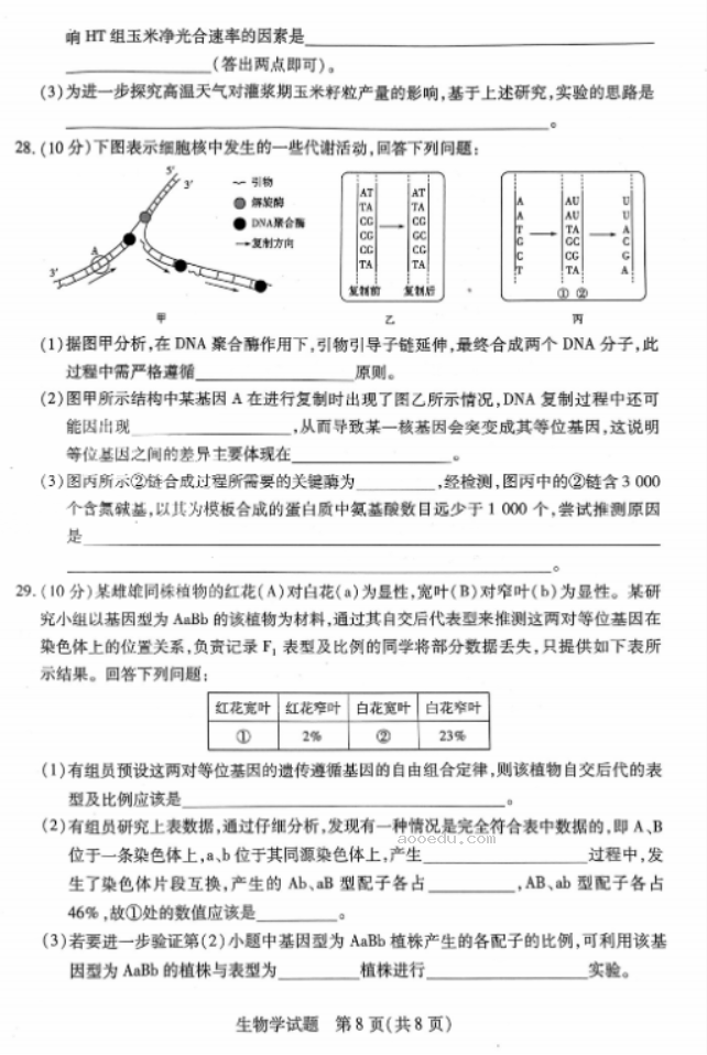 河南天一大联考2024高三阶段性测试二生物试题及答案解析