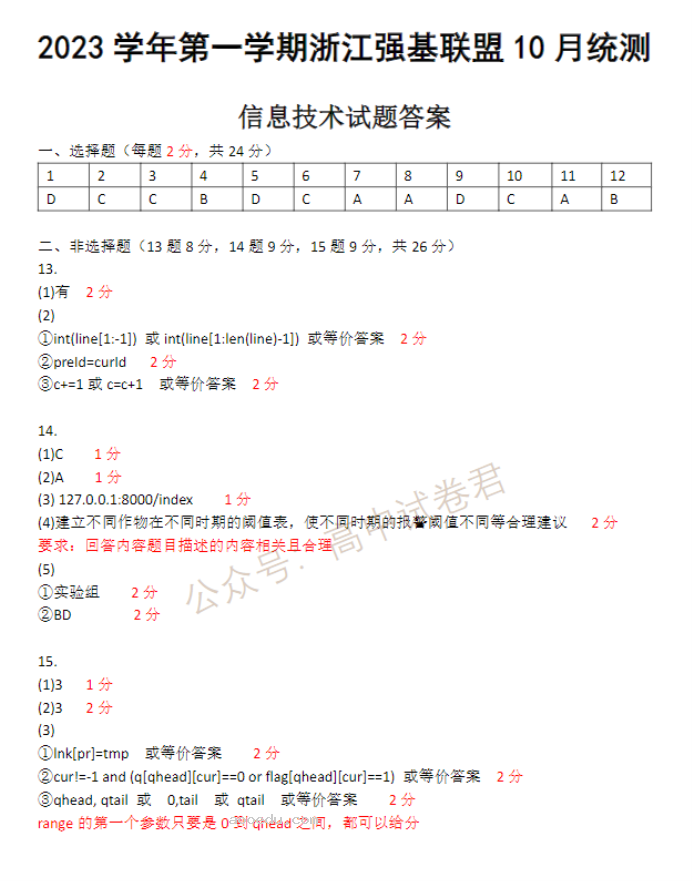 2024浙江强基联盟高三10月联考技术试题及答案解析