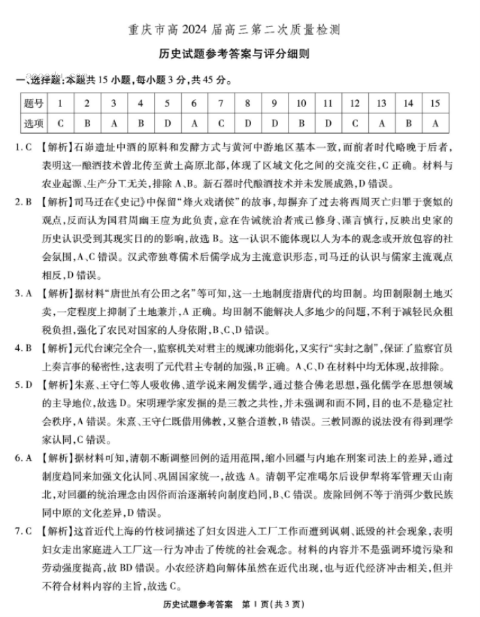 重庆南开中学2024高三第二次质量检测历史试题及答案解析