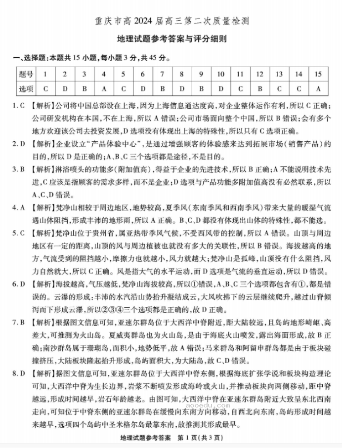 重庆南开中学2024高三第二次质量检测地理试题及答案解析