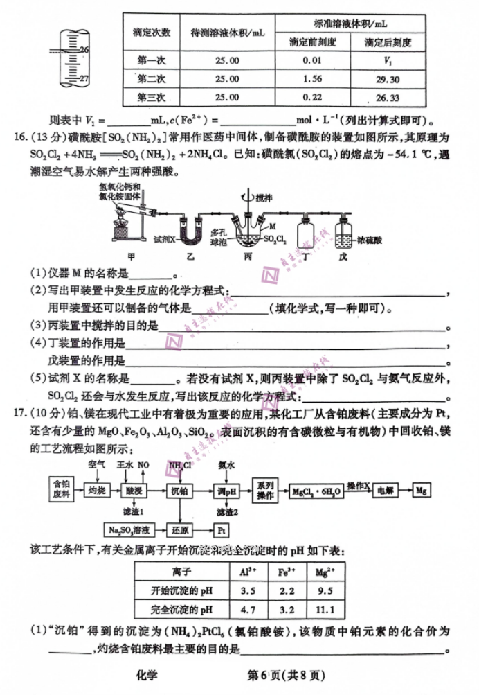 陕西天一大联考2024高三10月阶段性测试化学试题及答案