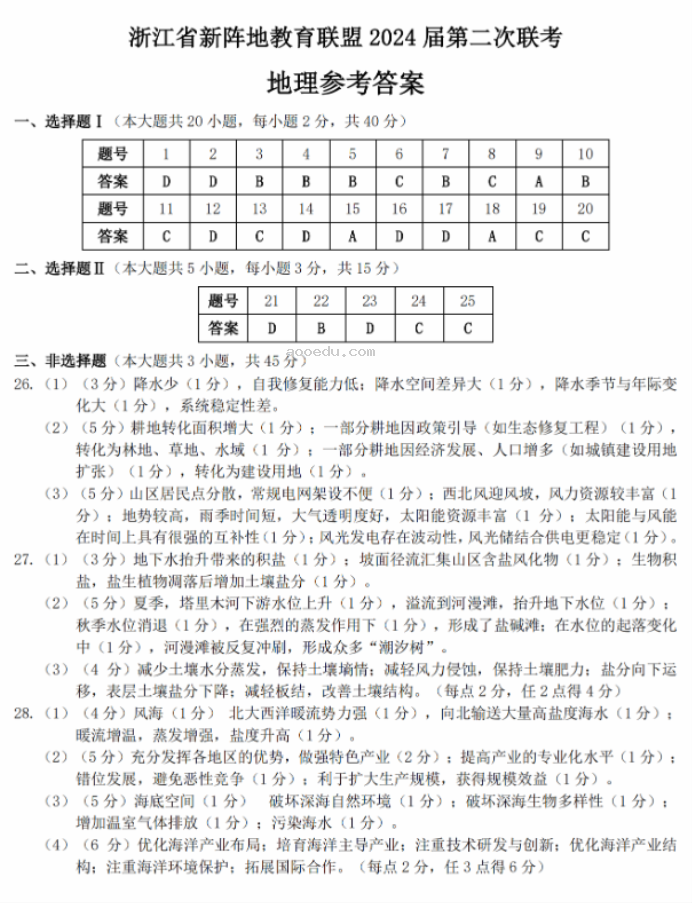 浙江十校联盟2024高三10月联考地理试题及答案解析