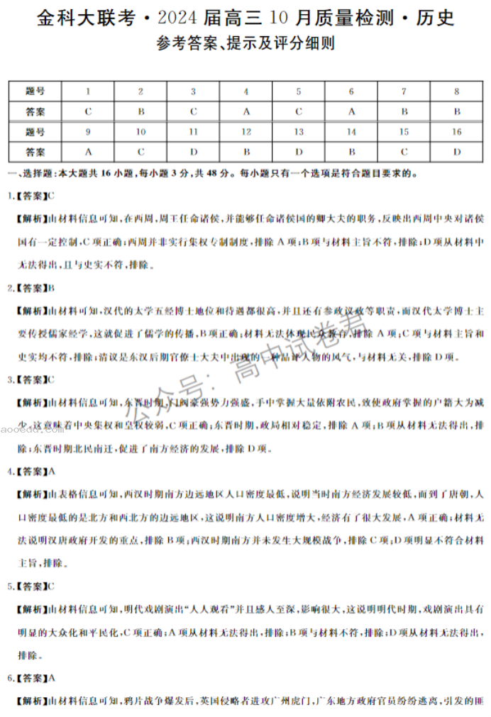 河北金科大联考2024高三10月质量检测历史试题及答案解析