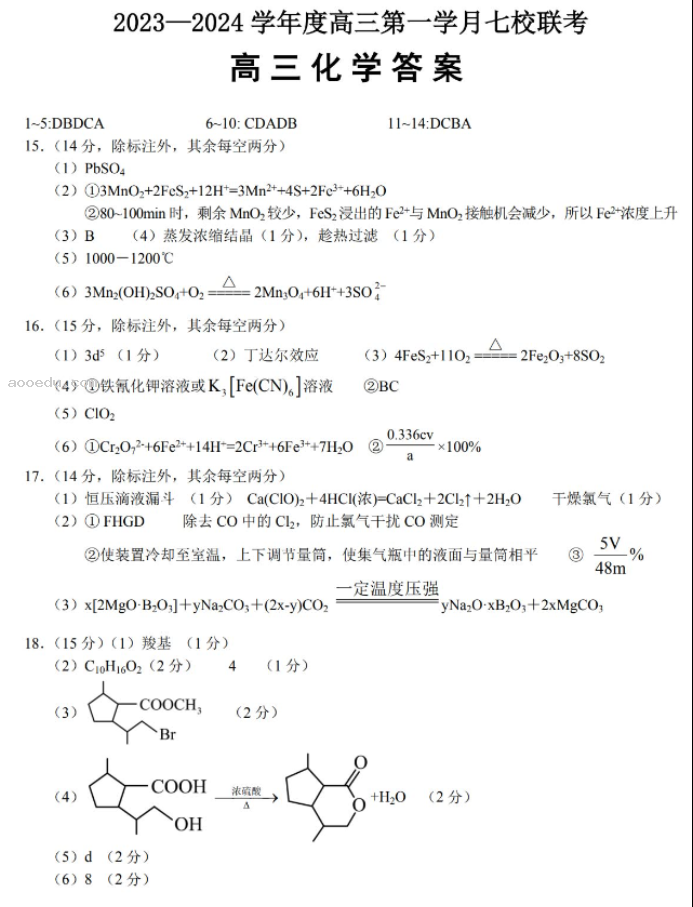 重庆七校2024高三上学期第一次月考化学试题及答案解析