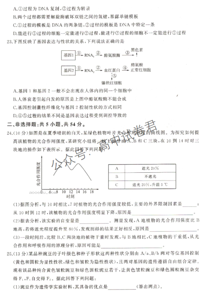 新教材百师联盟2024高三10月联考二生物试题及答案解析