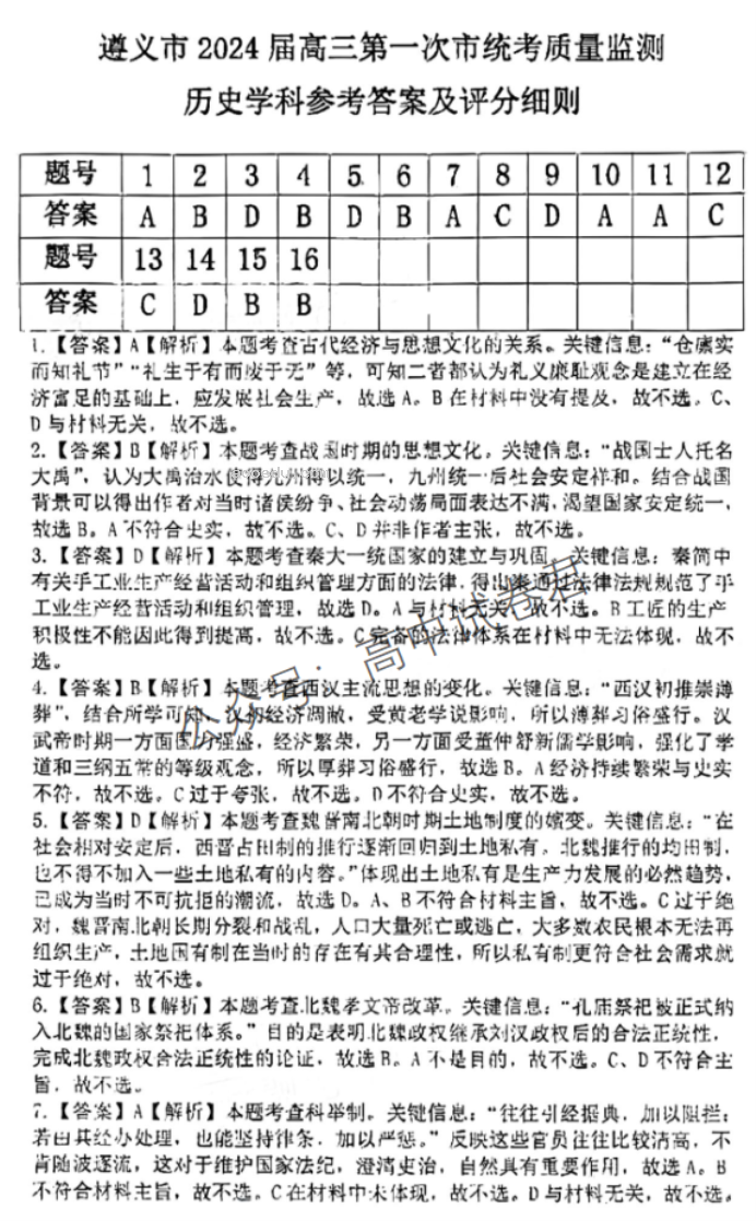 贵州遵义2024高三10月第一次质量检测历史试题及答案解析