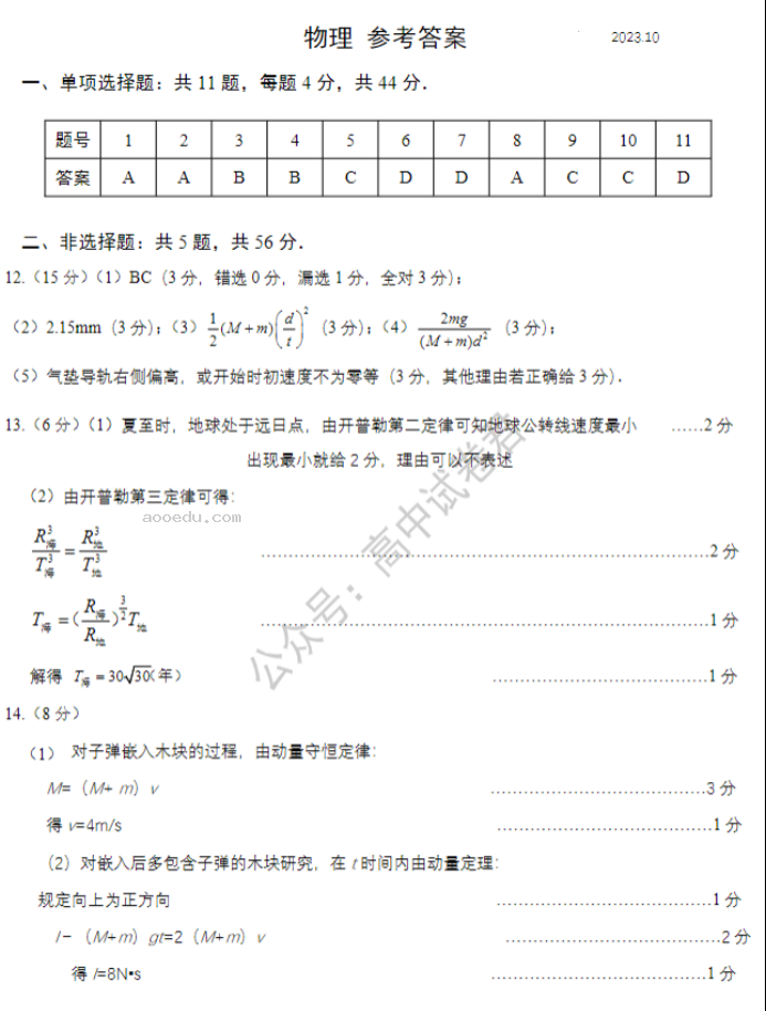 江苏高邮2024高三10月学情调研测试物理试题及答案解析