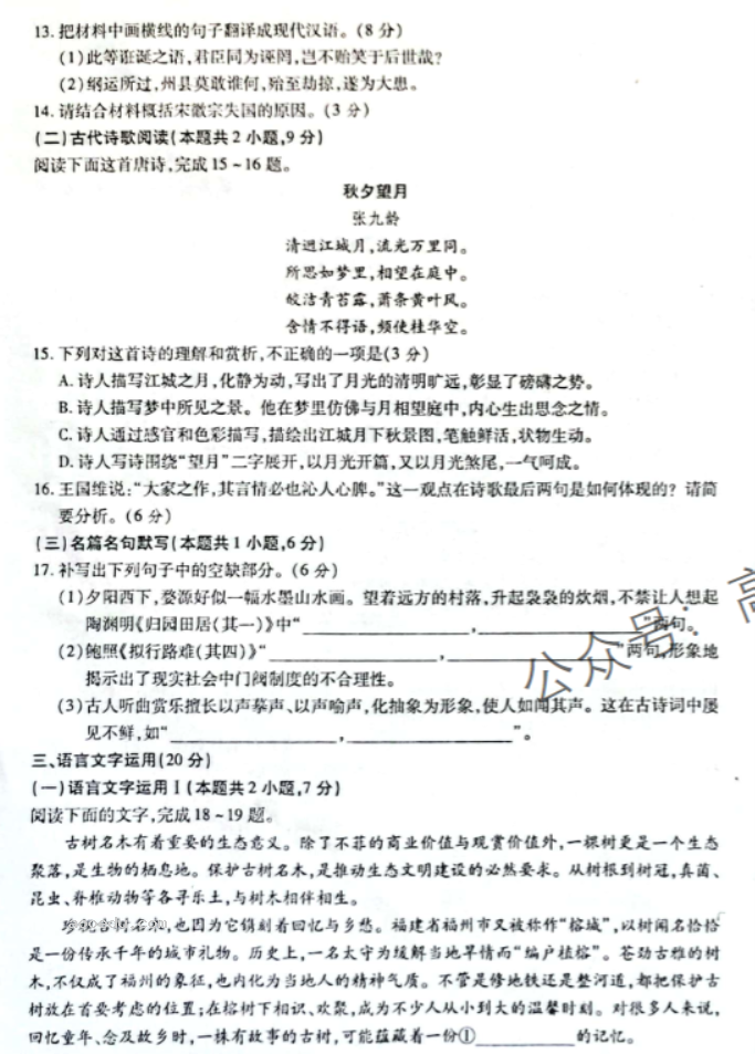 广西南宁2024高三第一次摸底测试语文试题及答案解析