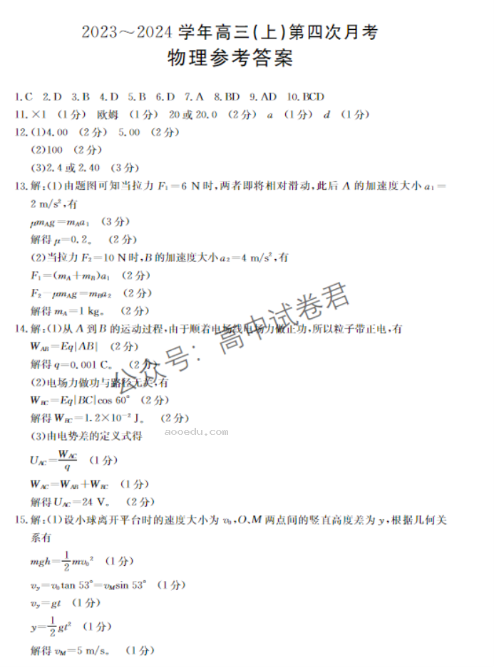 河北邢台五岳联盟2024高三第四次月考物理试题及答案解析