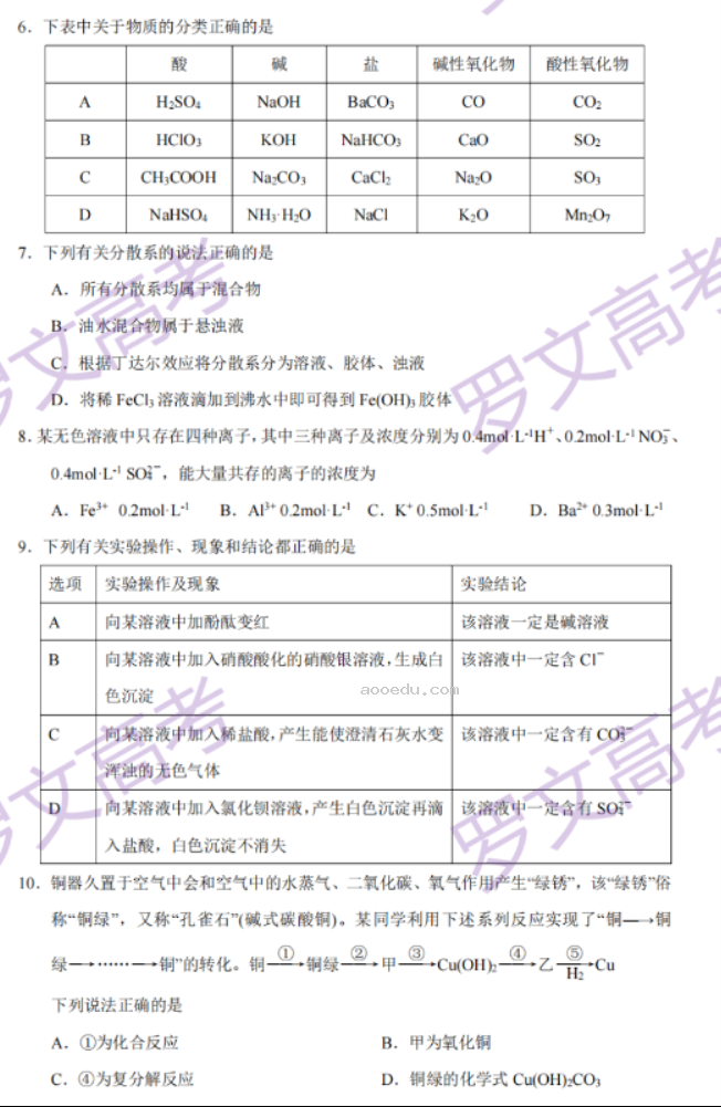 苏州八校联盟2023高一10月联合调研测试化学试题及答案