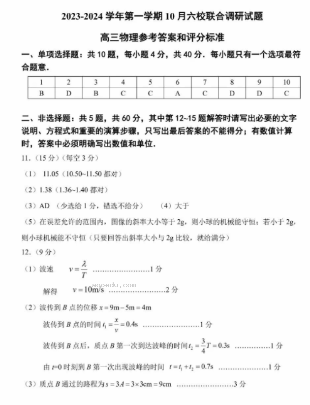 江苏南京六校联合体2024高三10月联合调研物理试题及答案