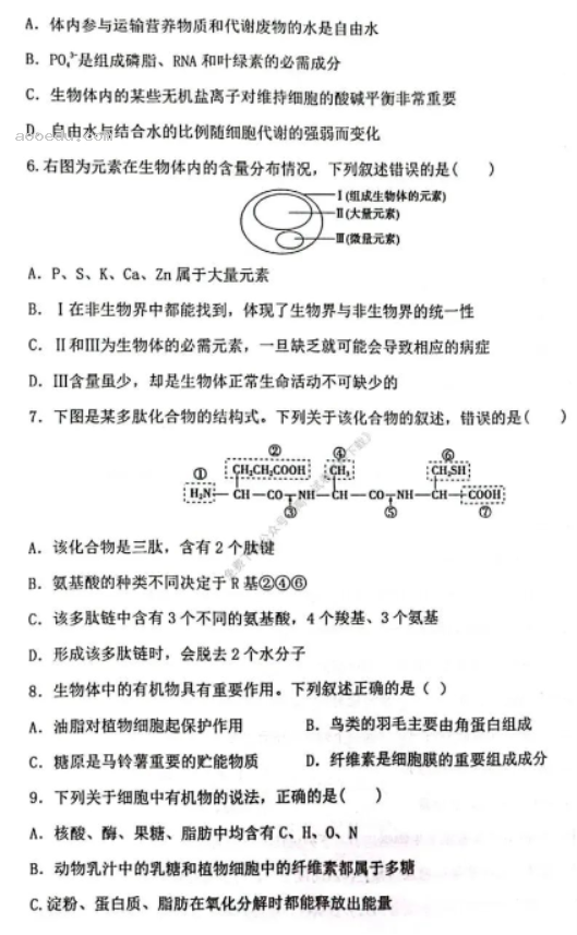 苏州八校联盟2023高一10月联合调研测试生物试题及答案