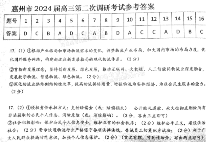 广东惠州2024高三10月第二次调研考政治试题及答案解析