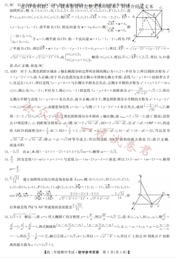 河北沧州远东七县2024高二期中联考数学试题及答案解析