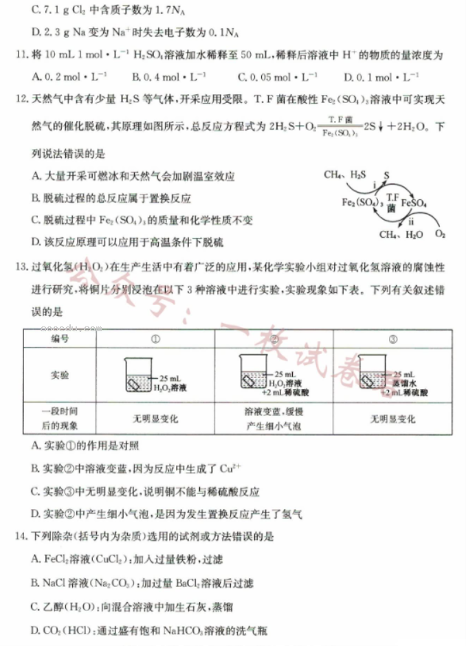 河北沧州远东七县2024高一10月期中考化学试题及答案解析