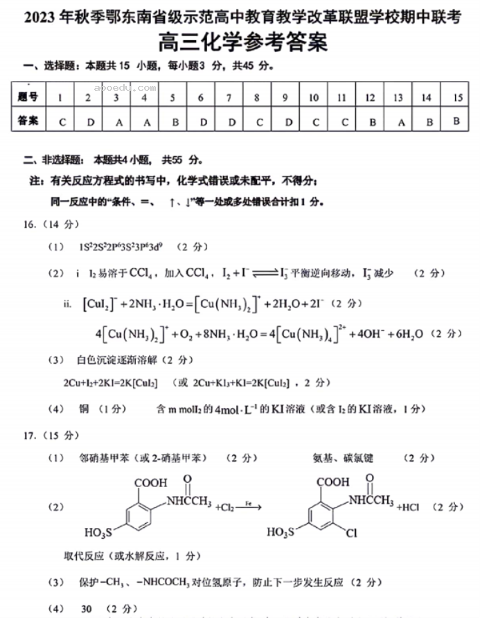 湖北鄂东南联盟学校2024高三期中联考化学试题及答案解析