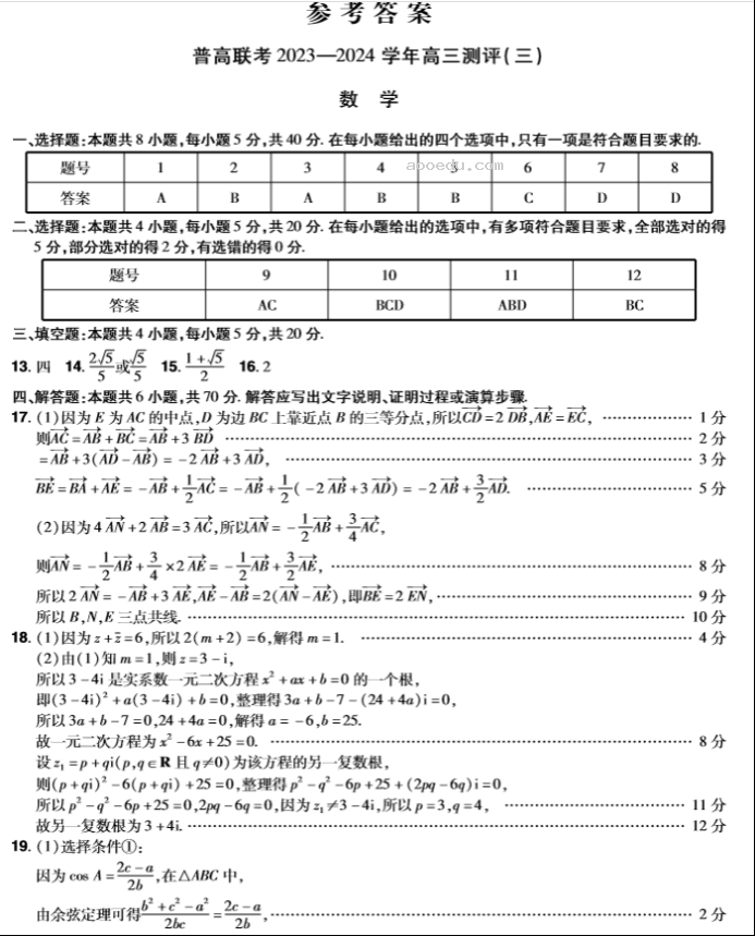 河南普高联考2024高三上学期测评(三)数学试题及答案解析