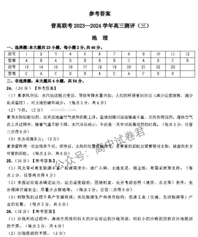 河南普高联考2024高三上学期测评(三)地理试题及答案解析