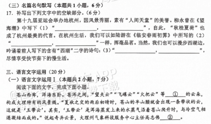 云南大理2024高三第一次复习统一检测语文试题及答案解析