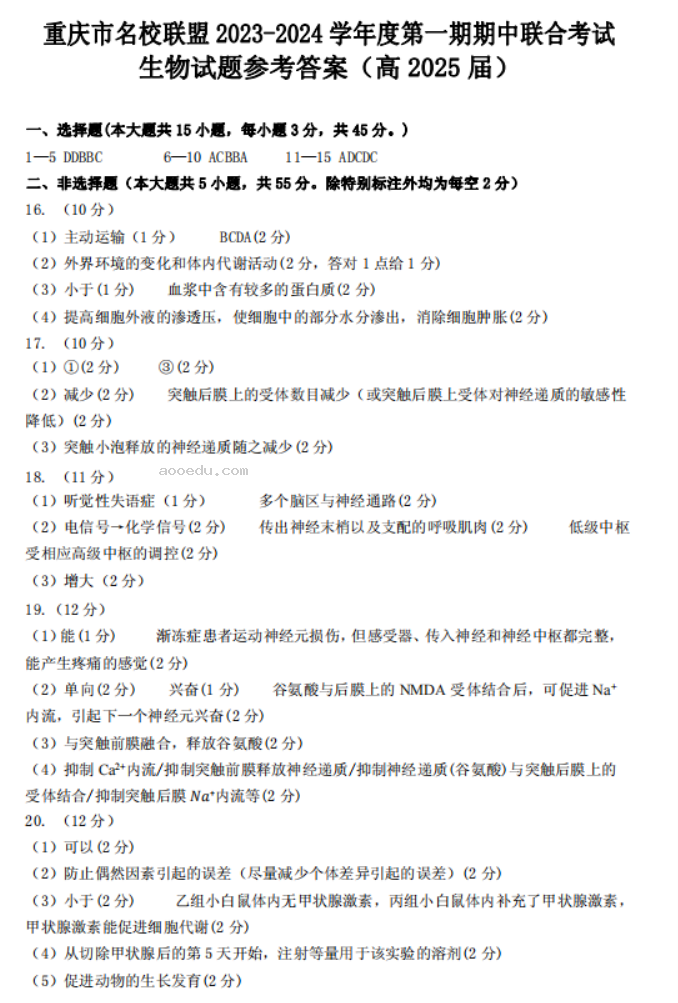 重庆名校联盟2024高二上学期期中联考生物试题及答案解析