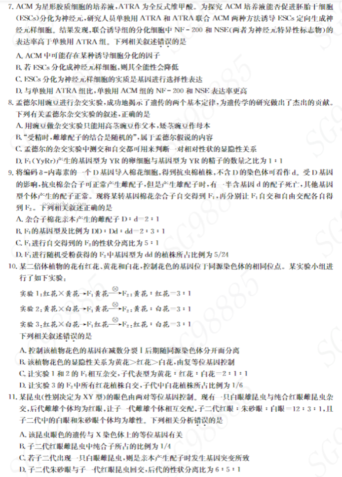 湖北九师联盟2024高三10月质量检测(X)生物试题及答案解析