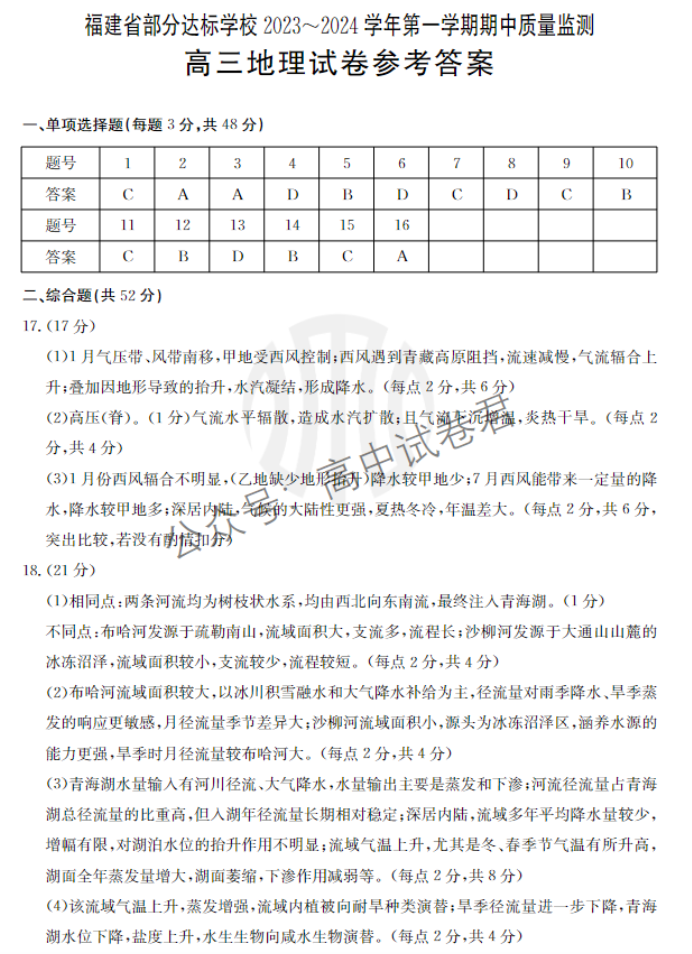 福建部分达标学校金太阳2024高三期中检测地理试题及答案