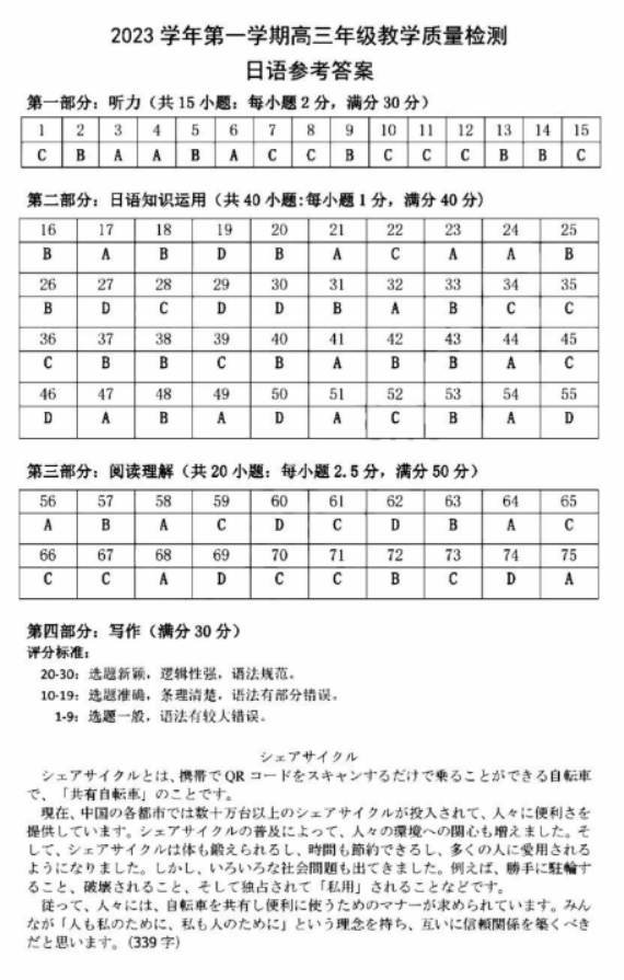 浙江杭州市2024高三11月一模考试日语试题及答案解析