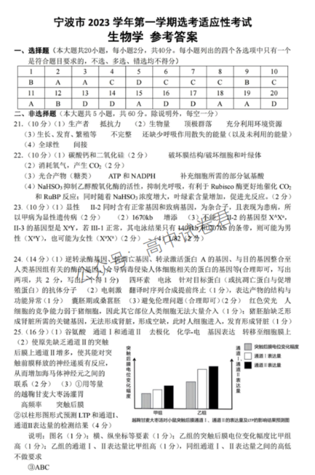 浙江宁波2024高三11月一模考试生物试题及答案解析