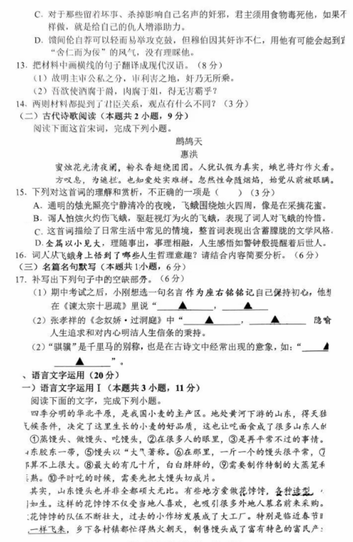 山东济宁市2024高三11月期中考试语文试题及答案解析