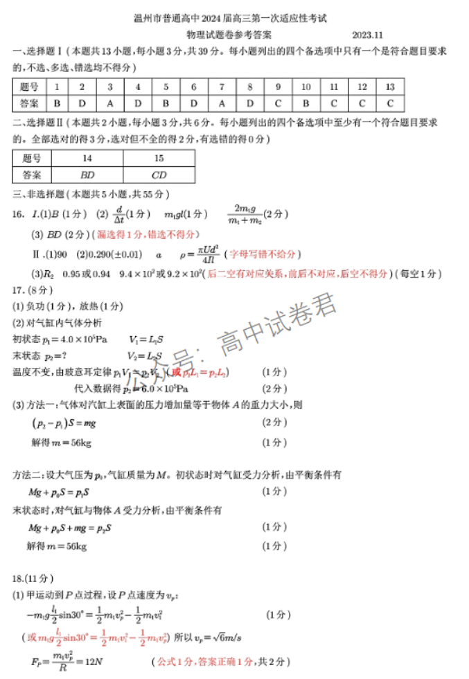 浙江温州2024高三11月一模考试物理试题及答案解析