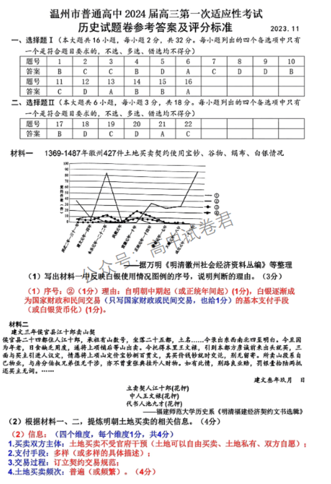 浙江温州2024高三11月一模考试历史试题及答案解析