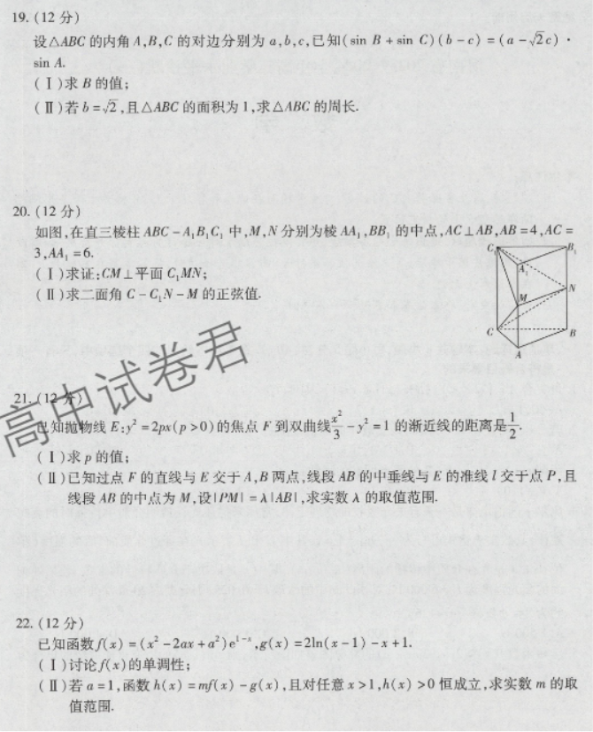 海南天一联考2024高三学业水平诊断一数学试题及答案解析