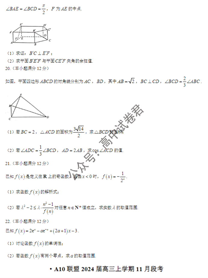 安徽A10联盟2024高三11月阶段考数学试题及答案解析