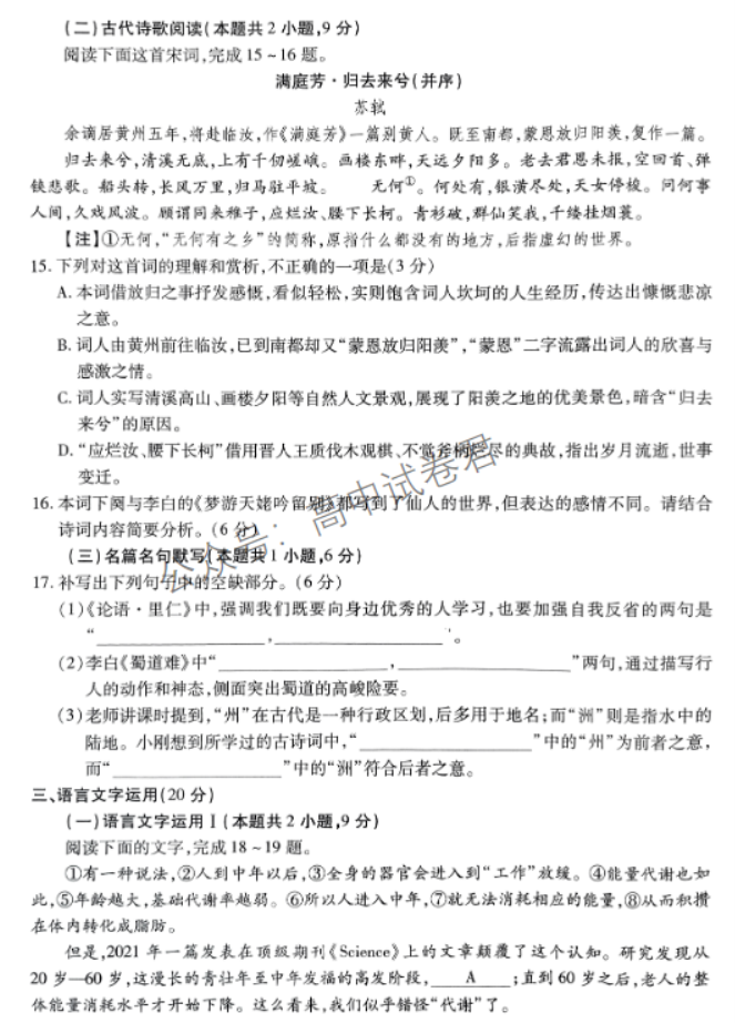 江西稳派2024高三11月一轮总复习调研语文试题及答案解析