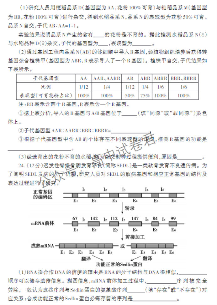 山东泰安市2024高三11月期中考试生物试题及答案解析