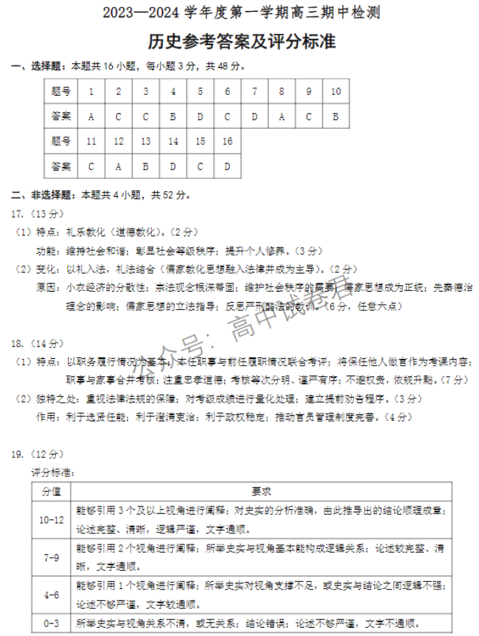 江苏扬州2024高三上学期11月期中测试历史试题及答案解析