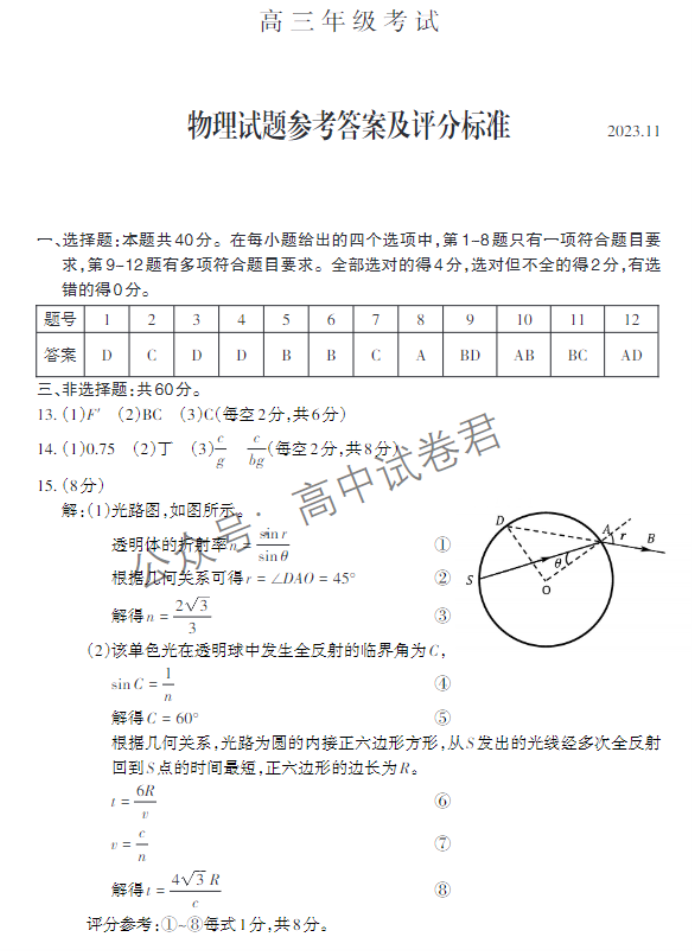 山东泰安市2024高三11月期中考试物理试题及答案解析