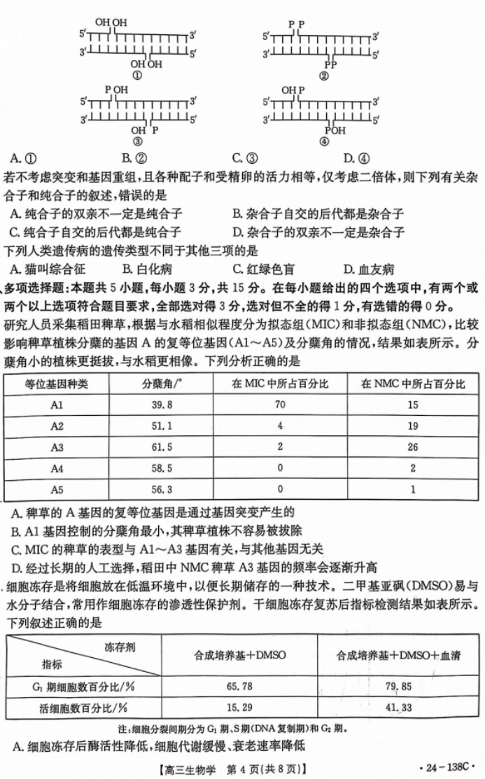 河北沧衡八校联盟2024高三11月期中考生物试题及答案解析