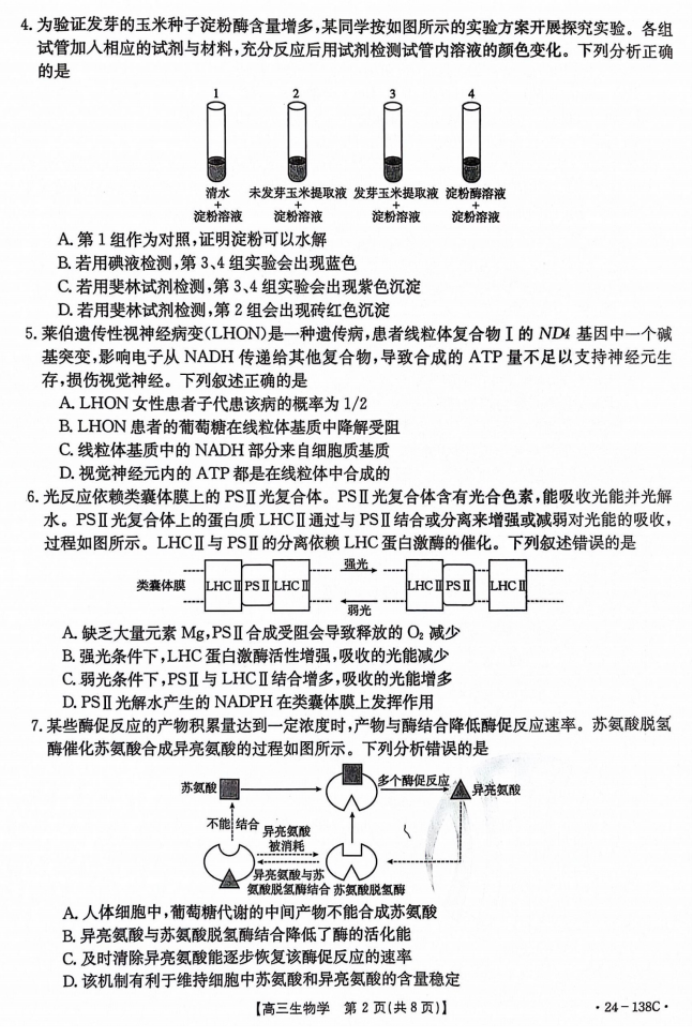 河北沧衡八校联盟2024高三11月期中考生物试题及答案解析