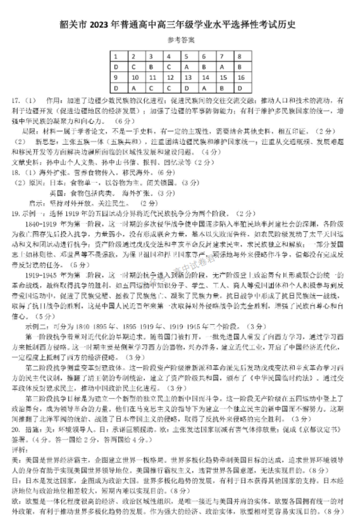 广东韶关2024高三11月一模考试历史试题及答案解析