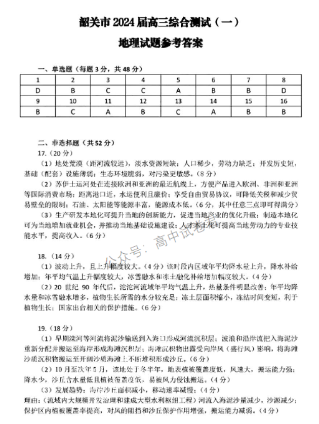 广东韶关2024高三11月一模考试地理试题及答案解析